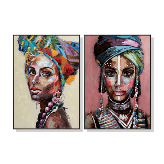 Wall Art African Women 2 Sets Black Frame Canvas 40x60cm