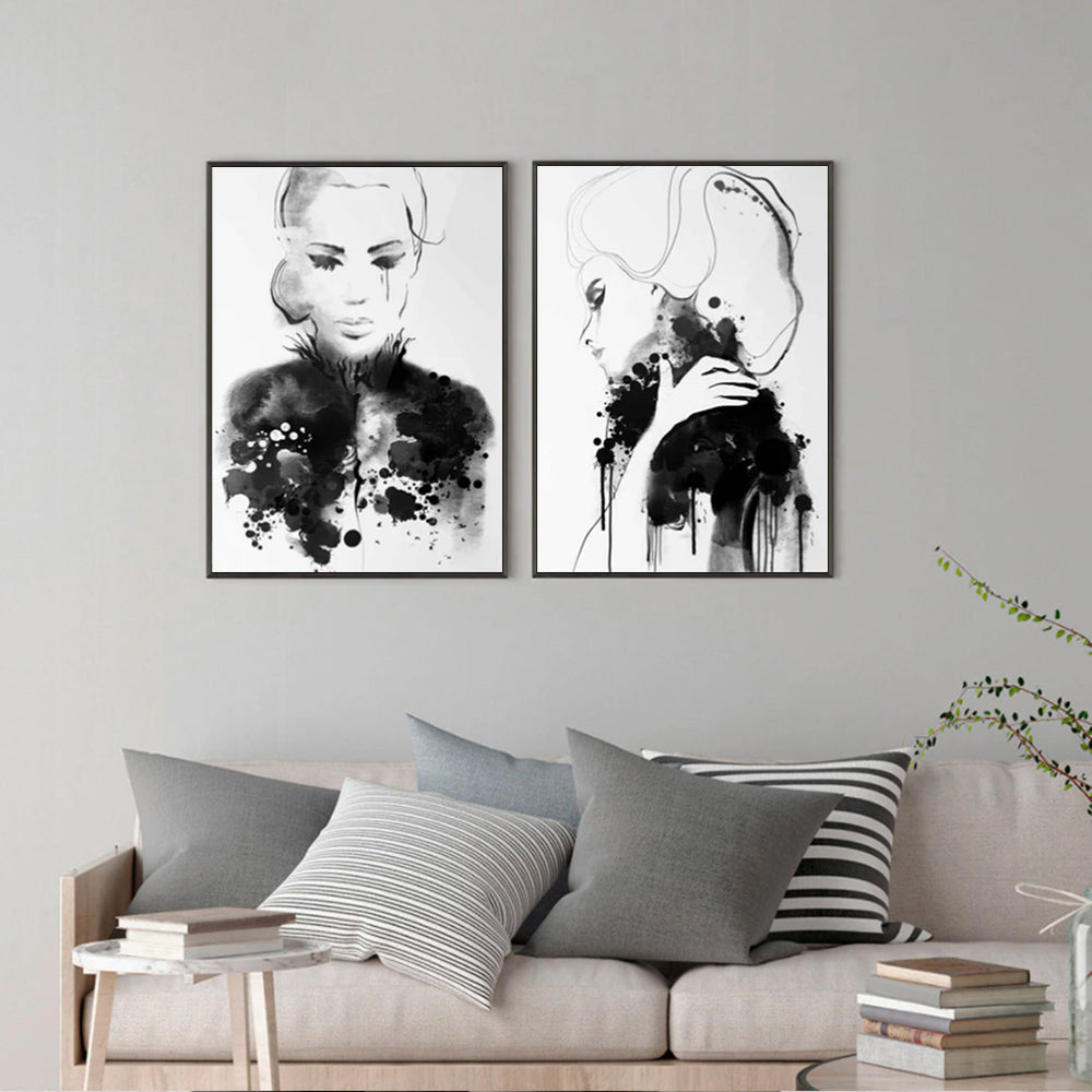 Wall Art Watercolor Sketch 2 Sets Black Frame Canvas 90x135cm
