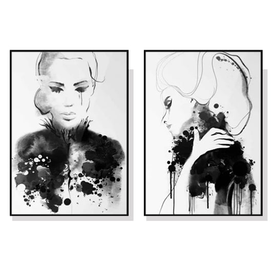 Wall Art 70cmx100cm Watercolor Sketch 2 Sets - Black Frame Canvas
