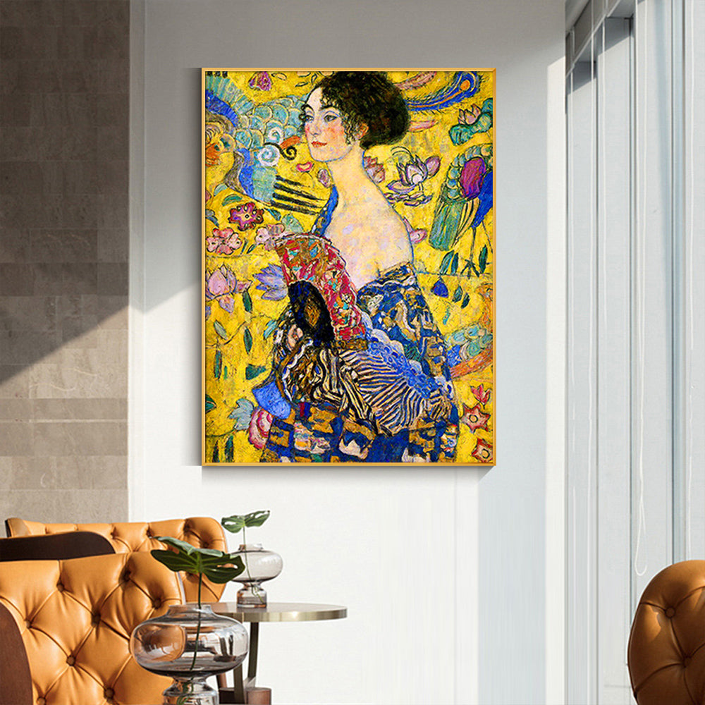 Wall Art 60cmx90cm Lady with a Fan by Klimt - Gold Frame Canvas