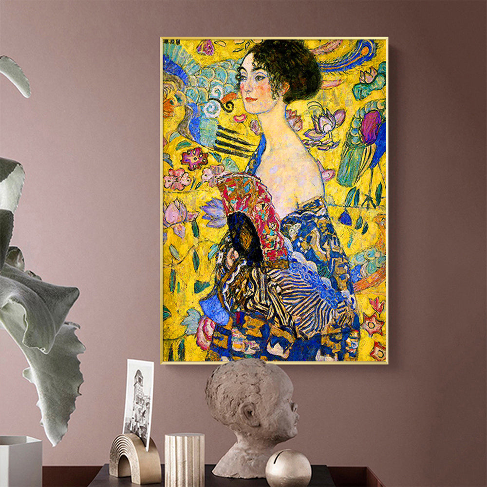 Wall Art 80cmx120cm Lady with a Fan by Klimt - Gold Frame Canvas