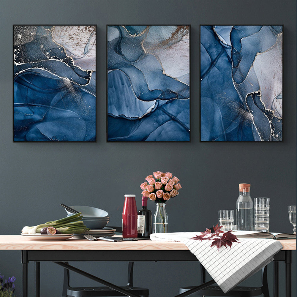 Wall Art 50cmx70cm Blue Gold Marble 3 Sets - Black Frame Canvas