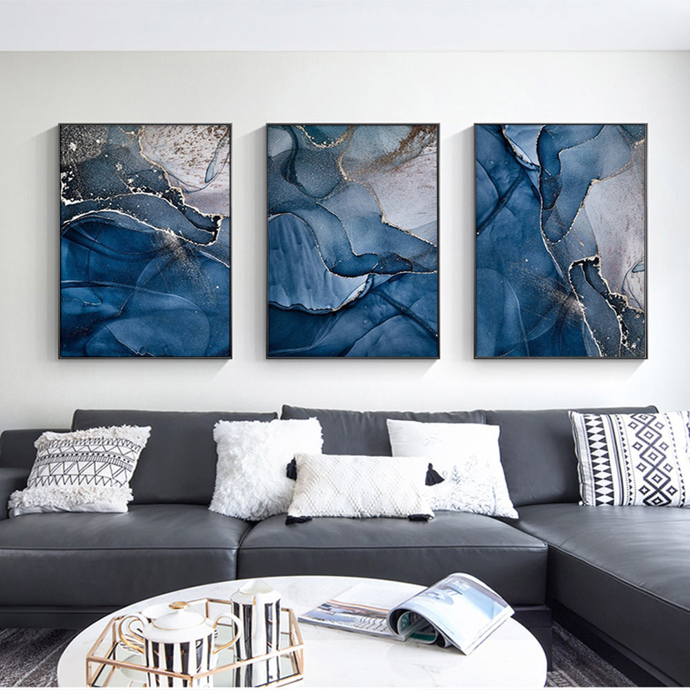 Wall Art 60cmx90cm Blue Gold Marble 3 Sets - Black Frame Canvas