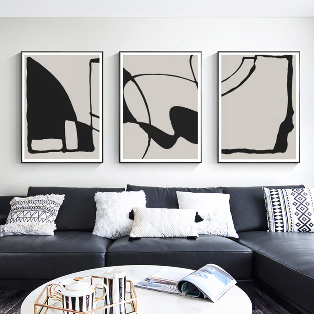 Wall Art 60cmx90cm Black Beige 3 Sets - Black Frame Canvas