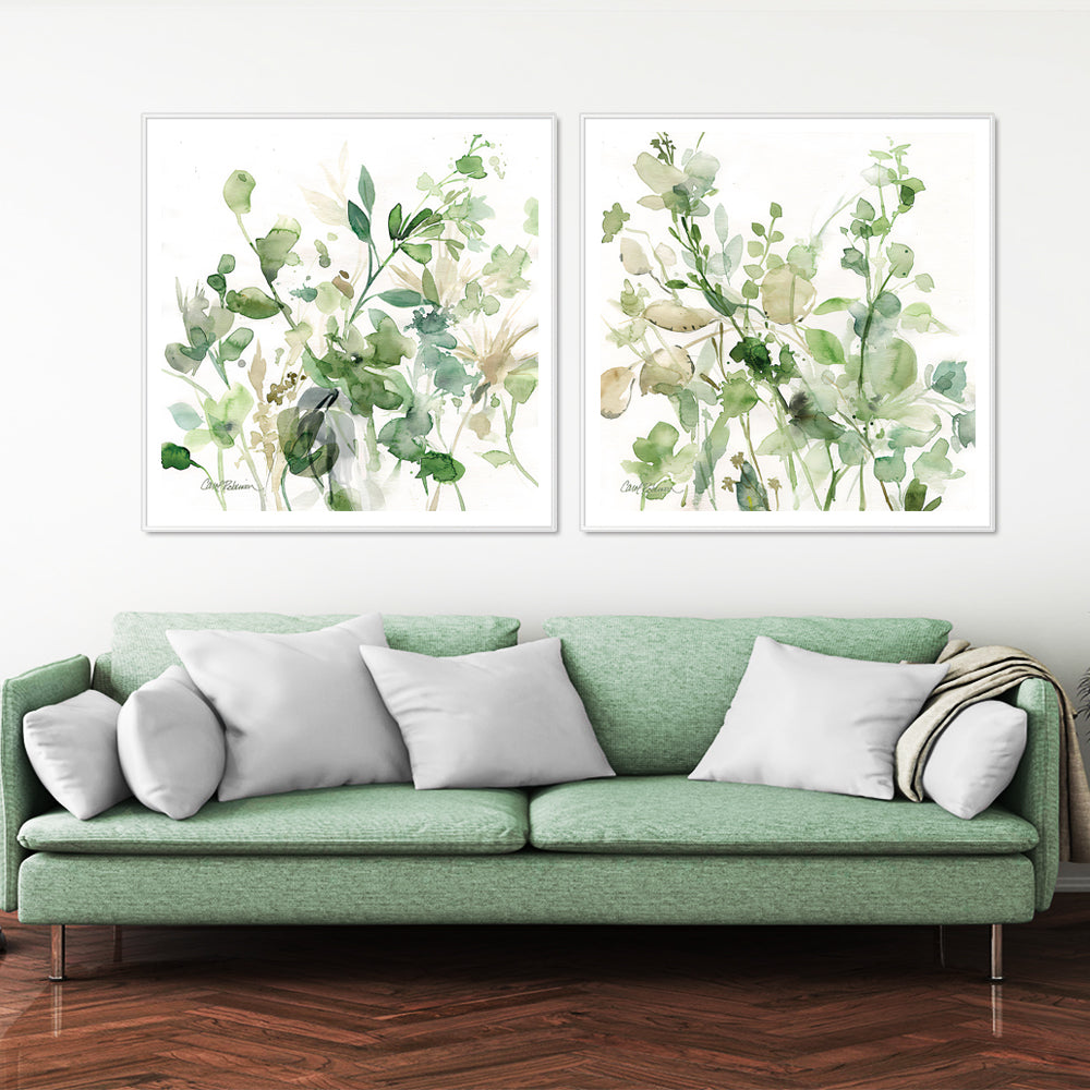 Wall Art 60cmx60cm Sage Garden by Carol Robinson 2 Sets - White Frame Canvas
