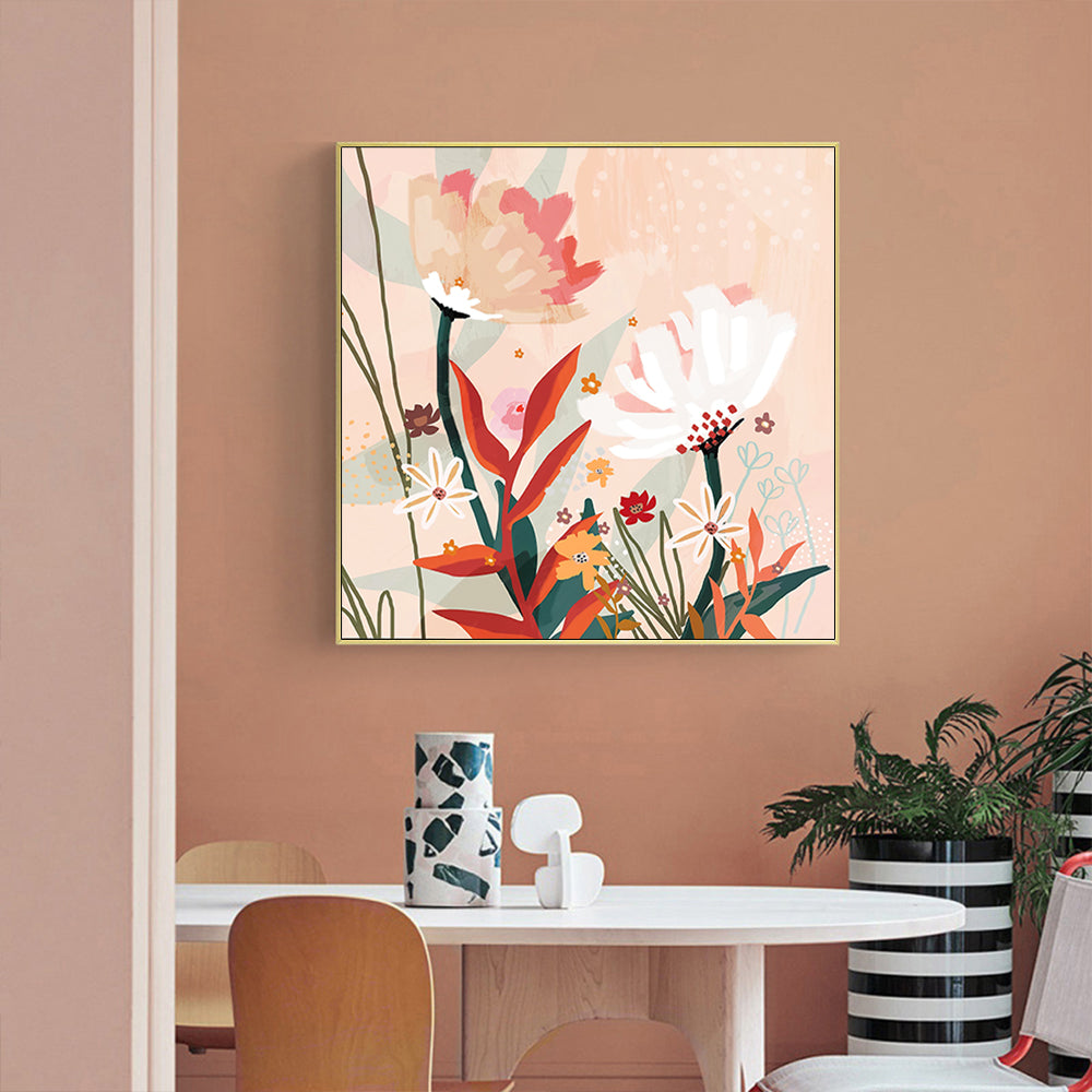 Wall Art Native Floral Gold Frame Canvas 90x90cm