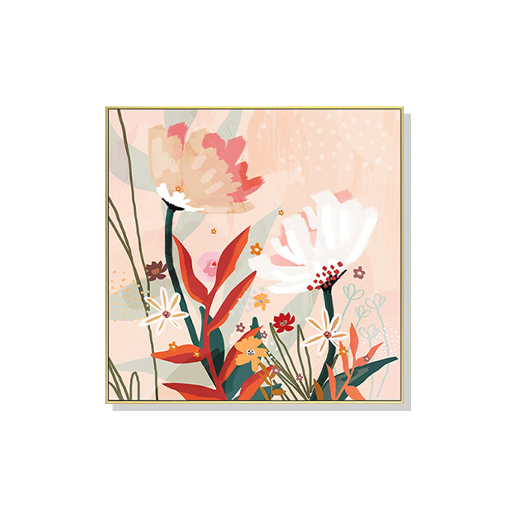 Wall Art Native Floral Gold Frame Canvas 100x100cm