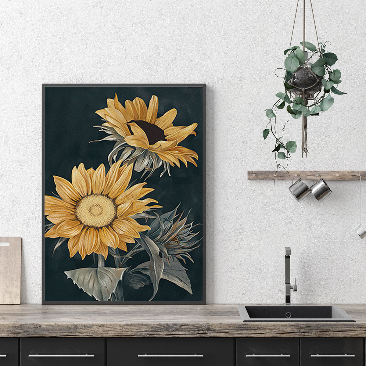 Wall Art Sunflowers Black Frame Canvas 90x135cm