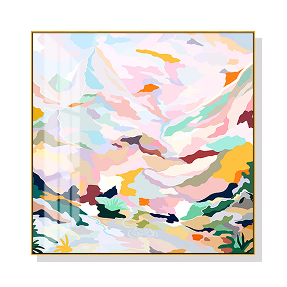 Wall Art 90cmx90cm Abstract Pink Mountain Hand Painted Style Gold Frame Canvas