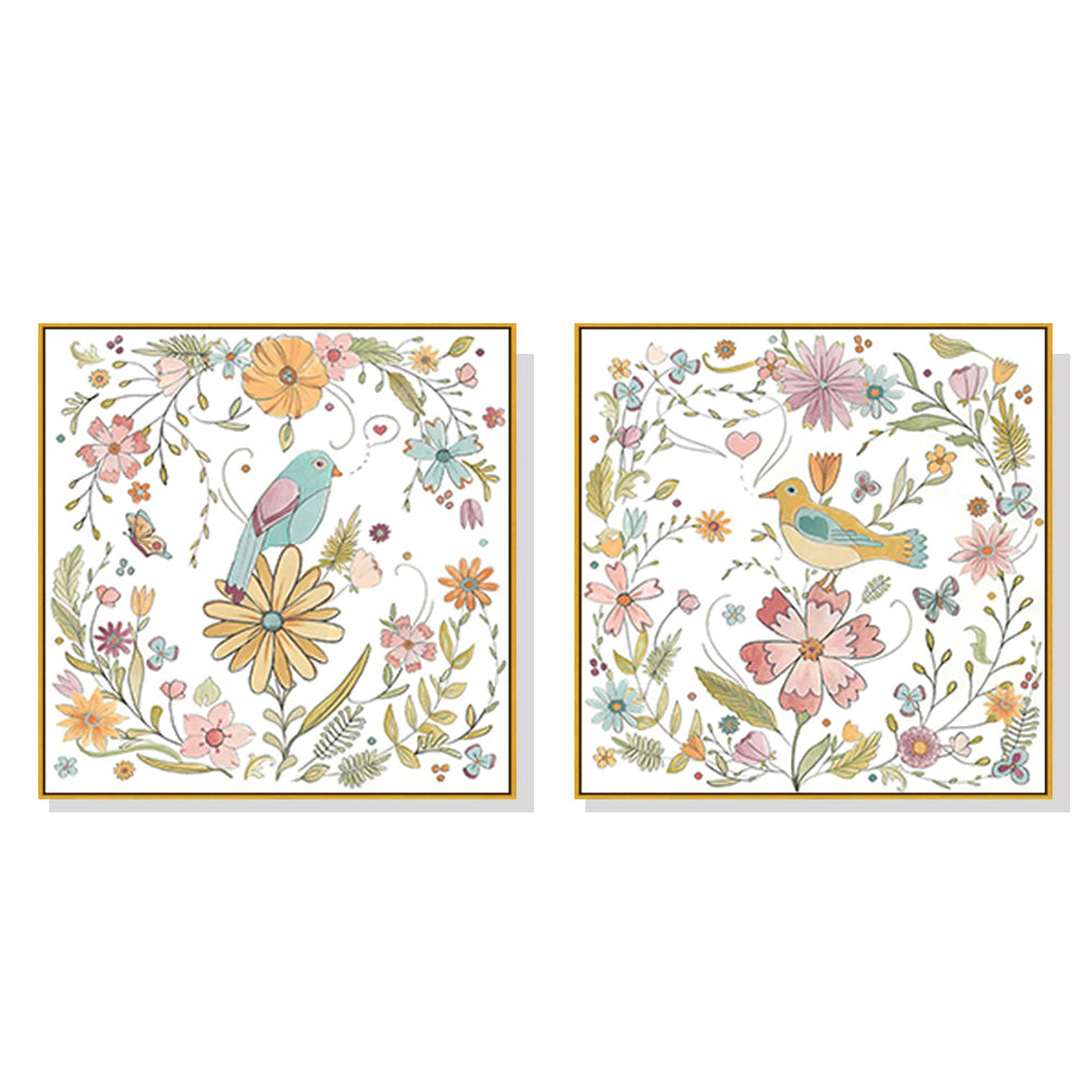 Wall Art Floral Birds 2 Sets Gold Frame Canvas 80x80cm