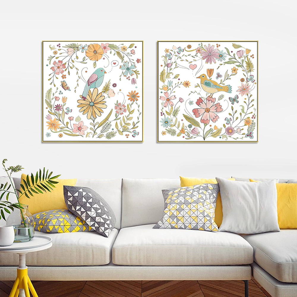Wall Art Floral Birds 2 Sets Gold Frame Canvas 80x80cm