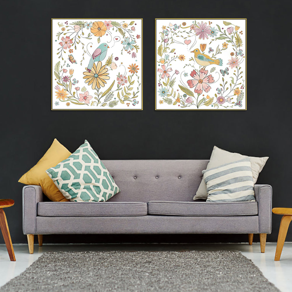 Wall Art Floral Birds 2 Sets Gold Frame Canvas 80x80cm