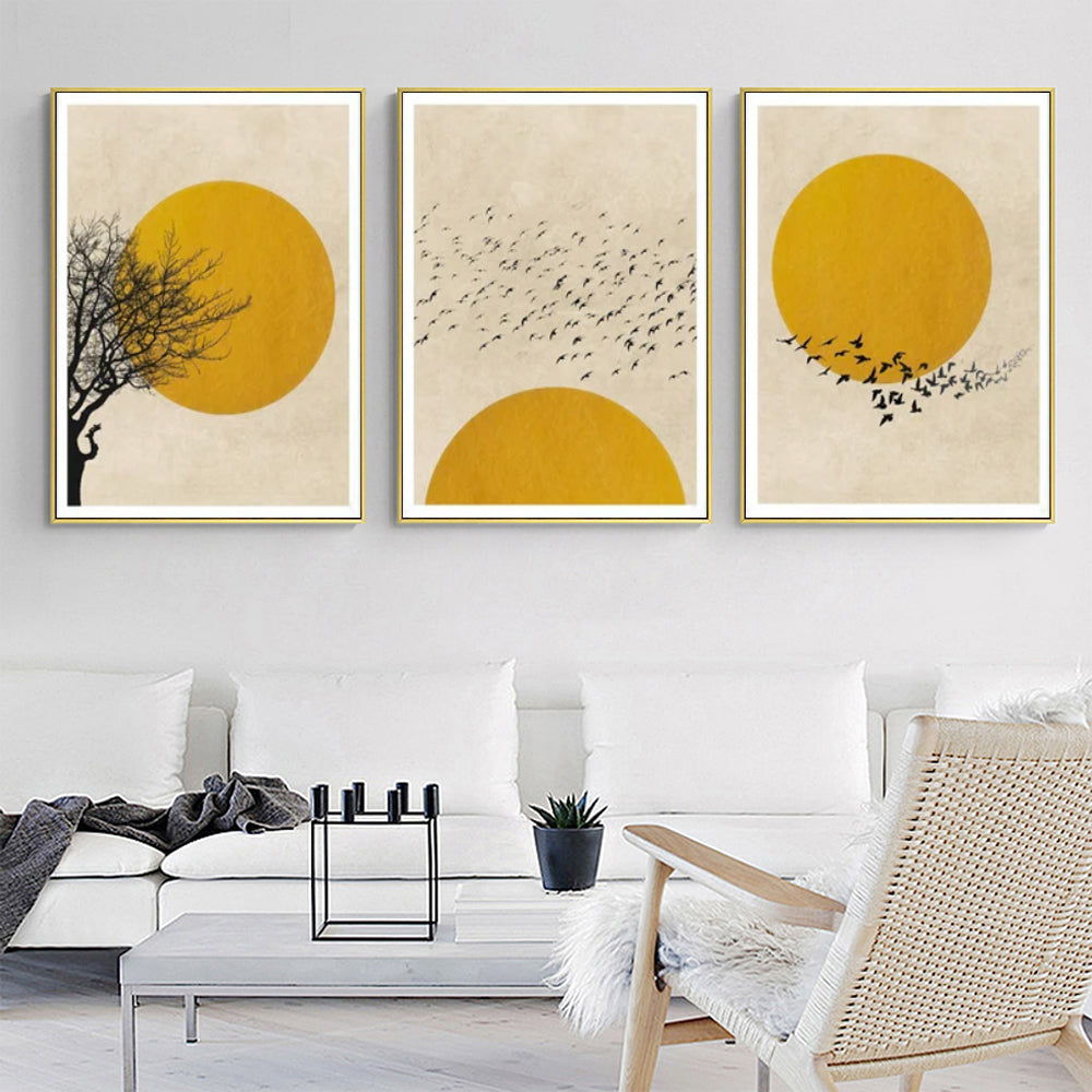 Wall Art Flock of Birds Sun Silhouette 3 Sets Gold Frame Canvas 90x135cm