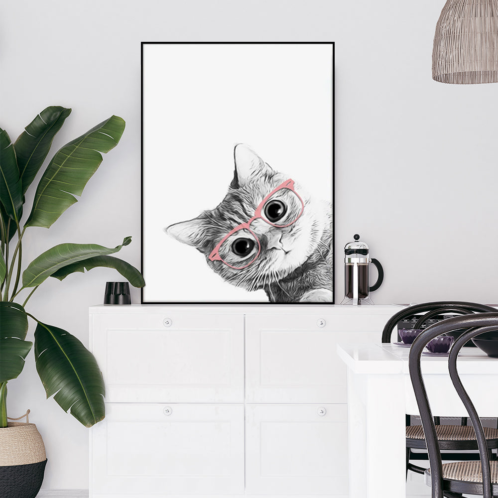 Wall Art Cat with Glasses Black Frame Canvas 90x135cm