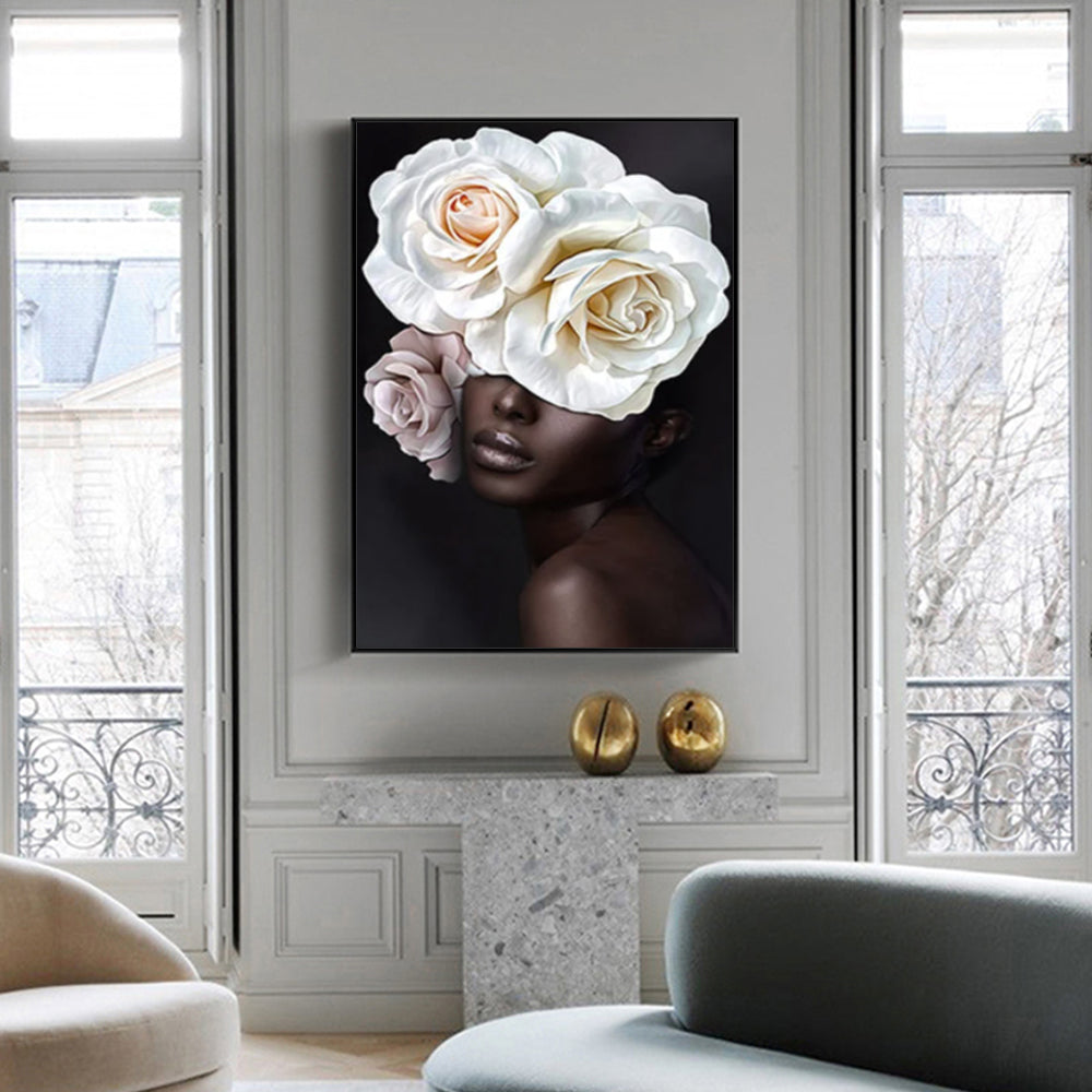 Wall Art Flower African Woman Black Frame Canvas 40x60cm