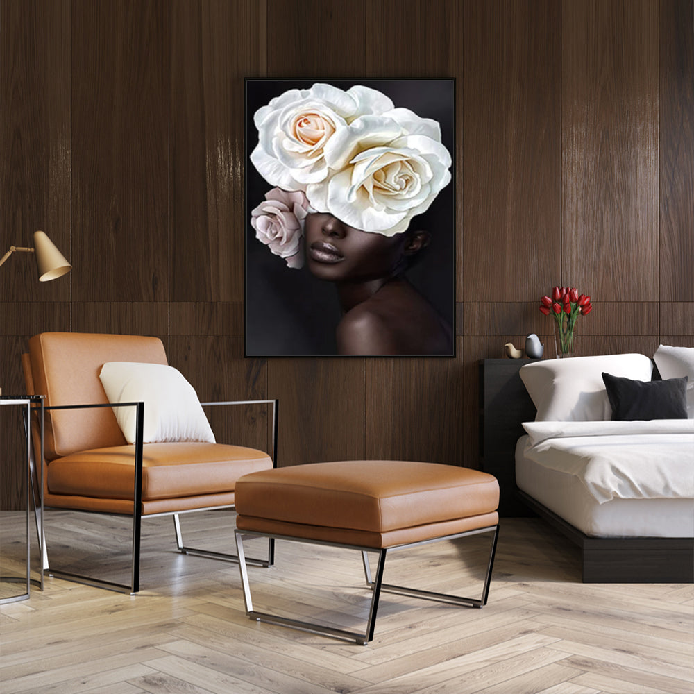 Wall Art Flower African Woman Black Frame Canvas 100x150cm