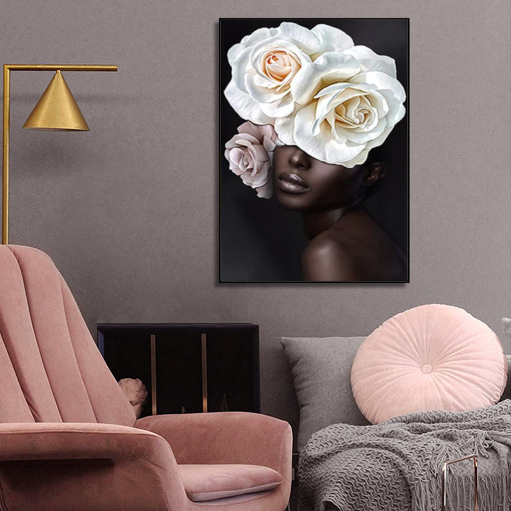 Wall Art Flower African Woman Black Frame Canvas 100x150cm