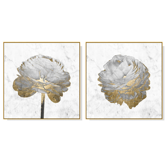 Wall Art Gold and White Blossom on White 2 Sets Gold Frame Canvas 40x40cm