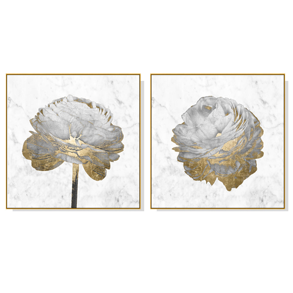 Wall Art Gold and White Blossom on White 2 Sets Gold Frame Canvas 80x80cm