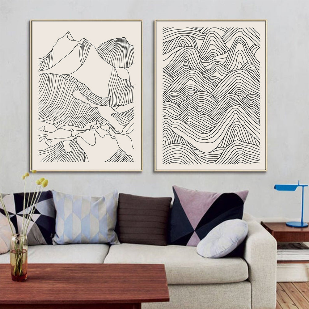 Wall Art 60cmx90cm Line Art Mountain 2 Sets Gold Frame Canvas