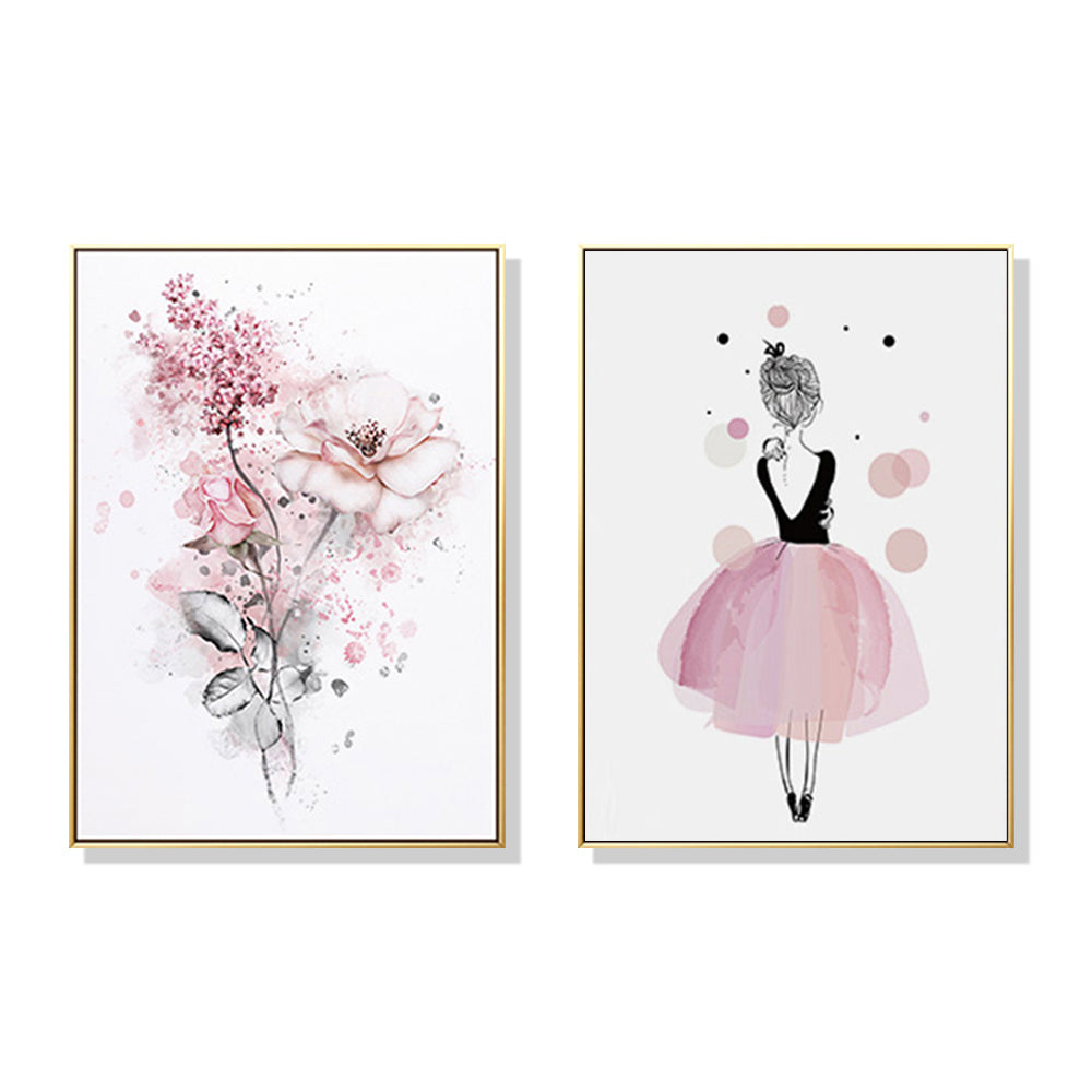 Wall Art Dancing Ballerina in Paris Gold Frame Canvas 50x70cm (Set of 2)