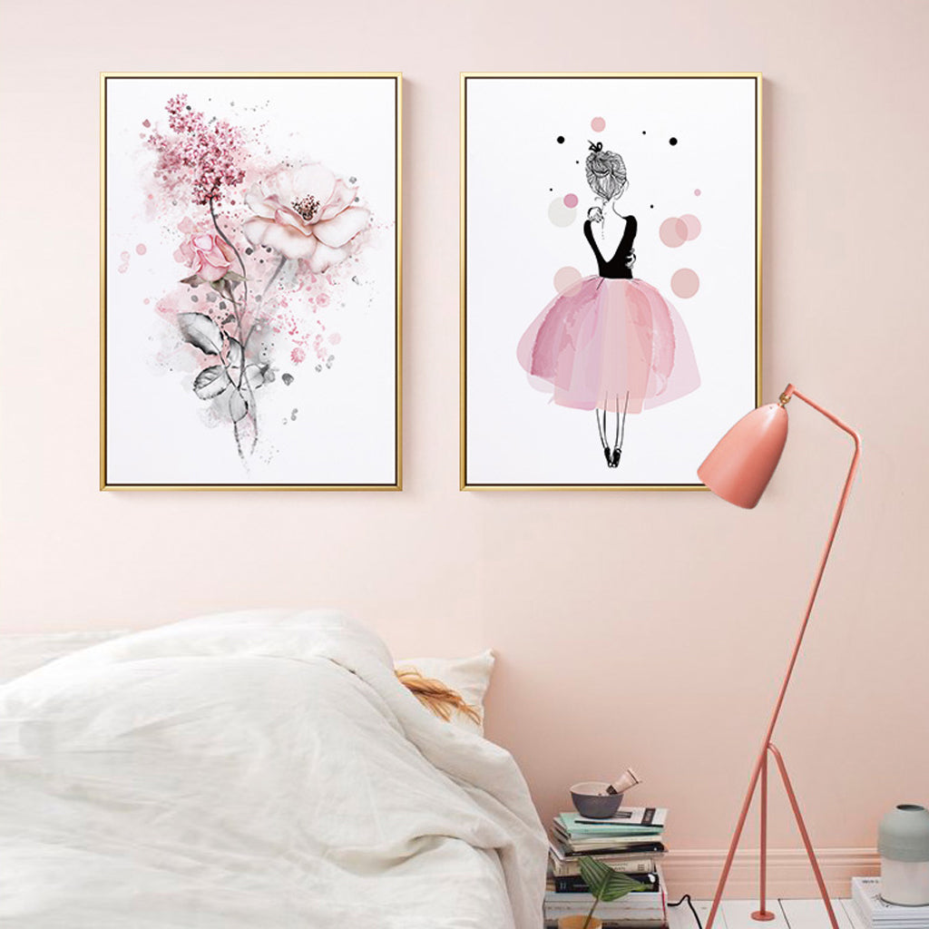 Wall Art Dancing Ballerina in Paris Gold Frame Canvas 60x90cm (Set of 2)