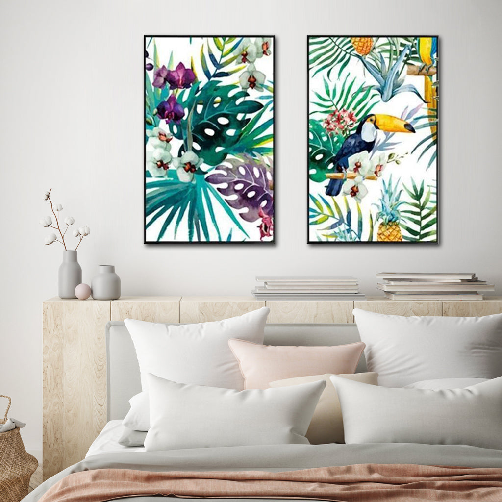 Wall Art 40cmx60cm - Toucan and Orchid 2 Sets with Black Frame Canvas