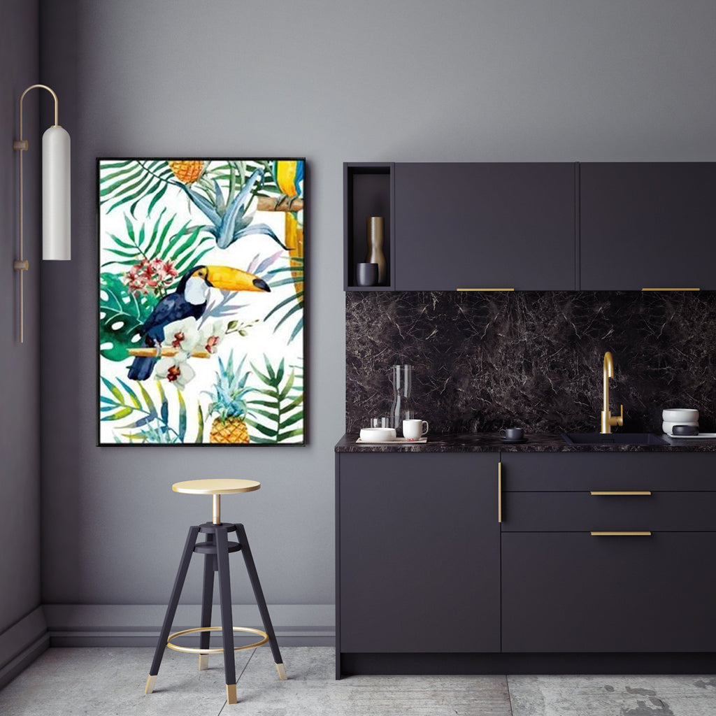 Wall Art Toucan Plants Black Frame Canvas 80x120cm