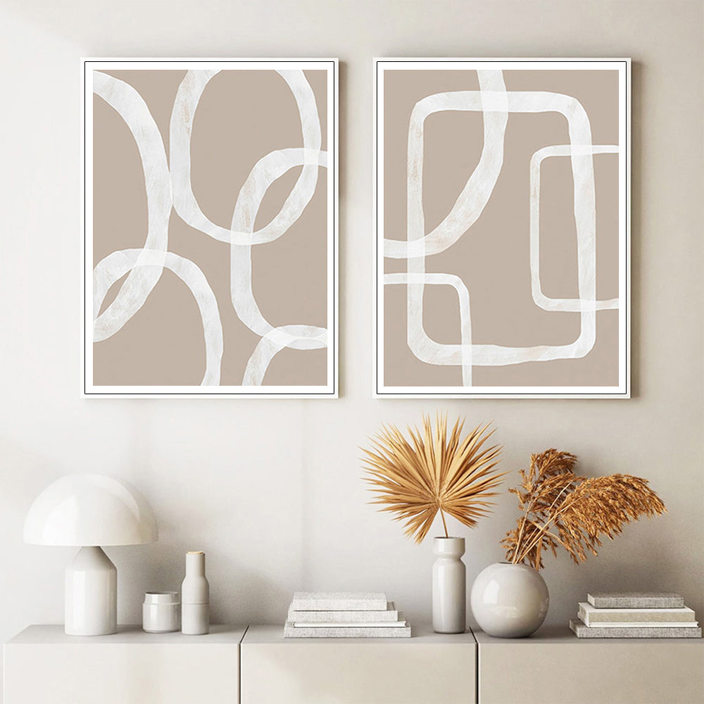 Wall Art 80cmx120cm - Abstract White Lines 2 Sets with White Frame Canvas