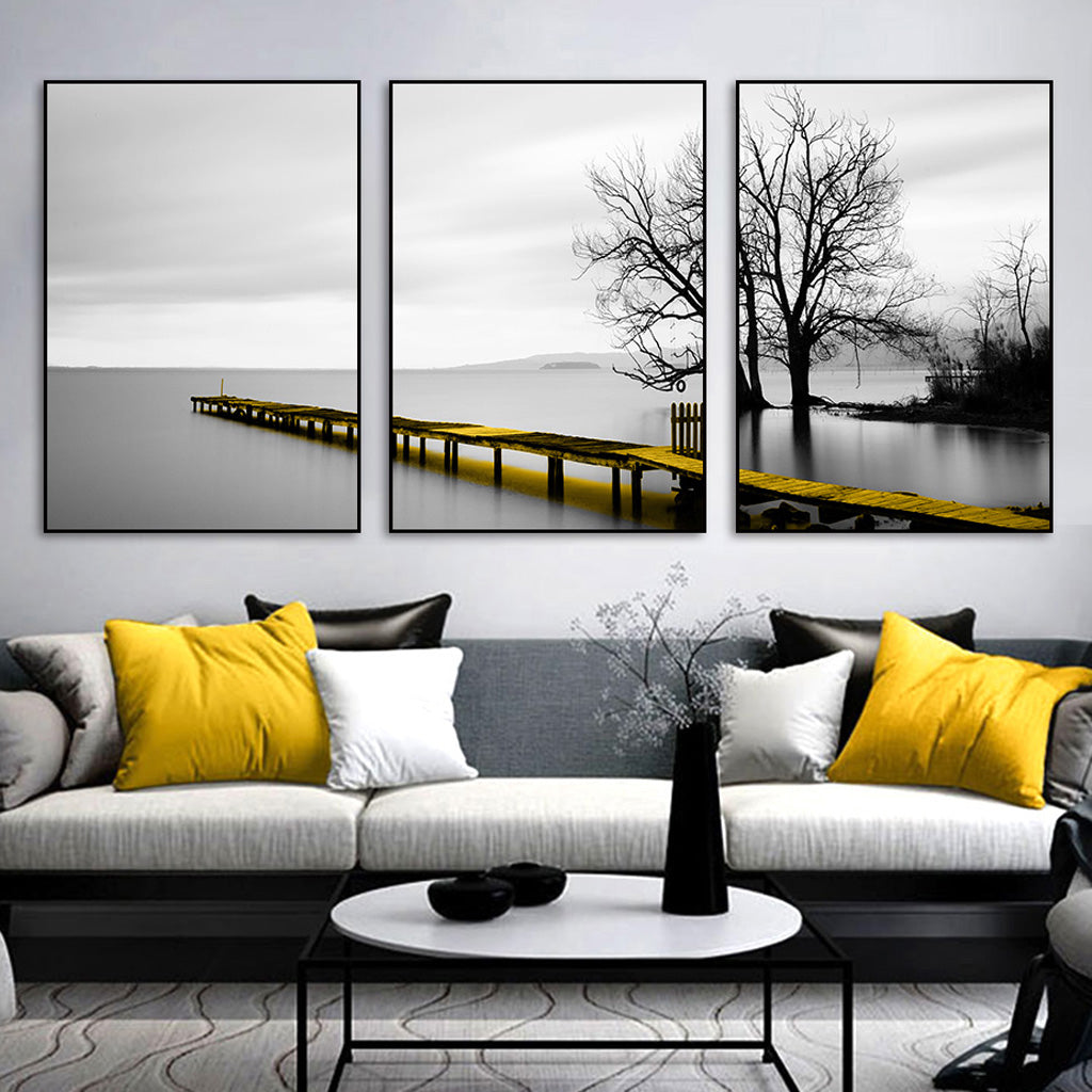 Wall Art 70cmx100cm - Calm Lake Bridge Tree Scene 3 Sets with Black Frame Canvas