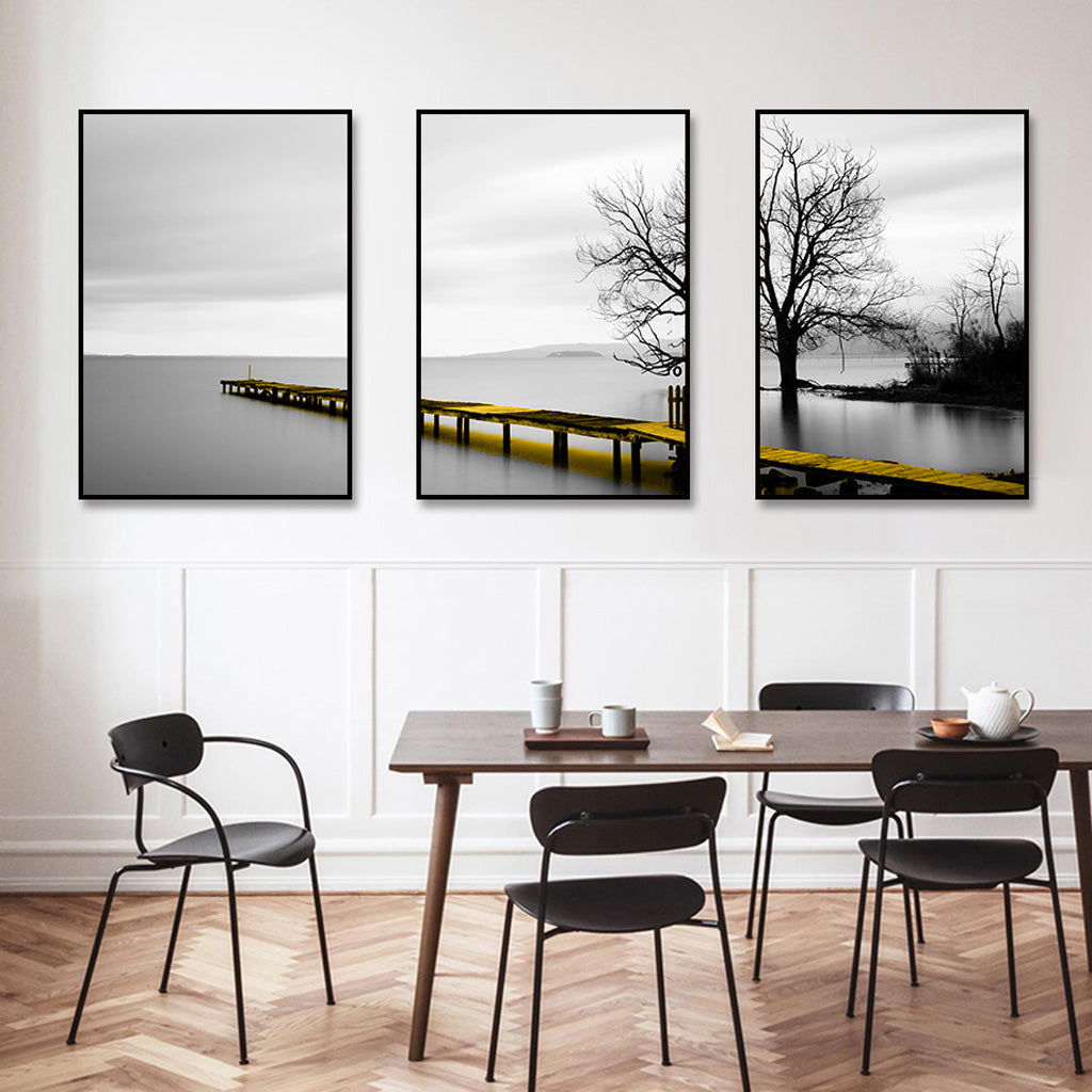 Wall Art 90cmx135cm - Calm Lake Bridge Tree Scene 3 Sets with Black Frame Canvas