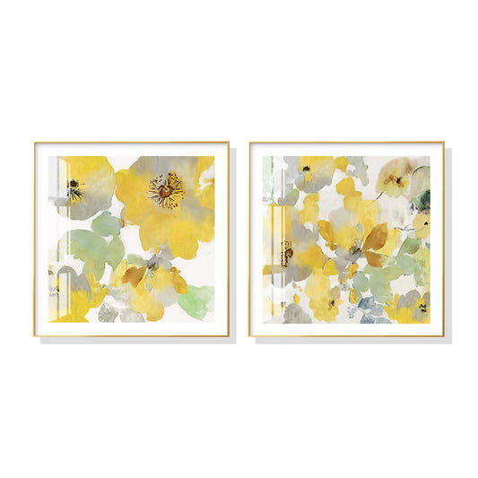 Wall Art 100cmx100cm - Yellow Flowers American Style 2 Sets with Gold Frame Canvas