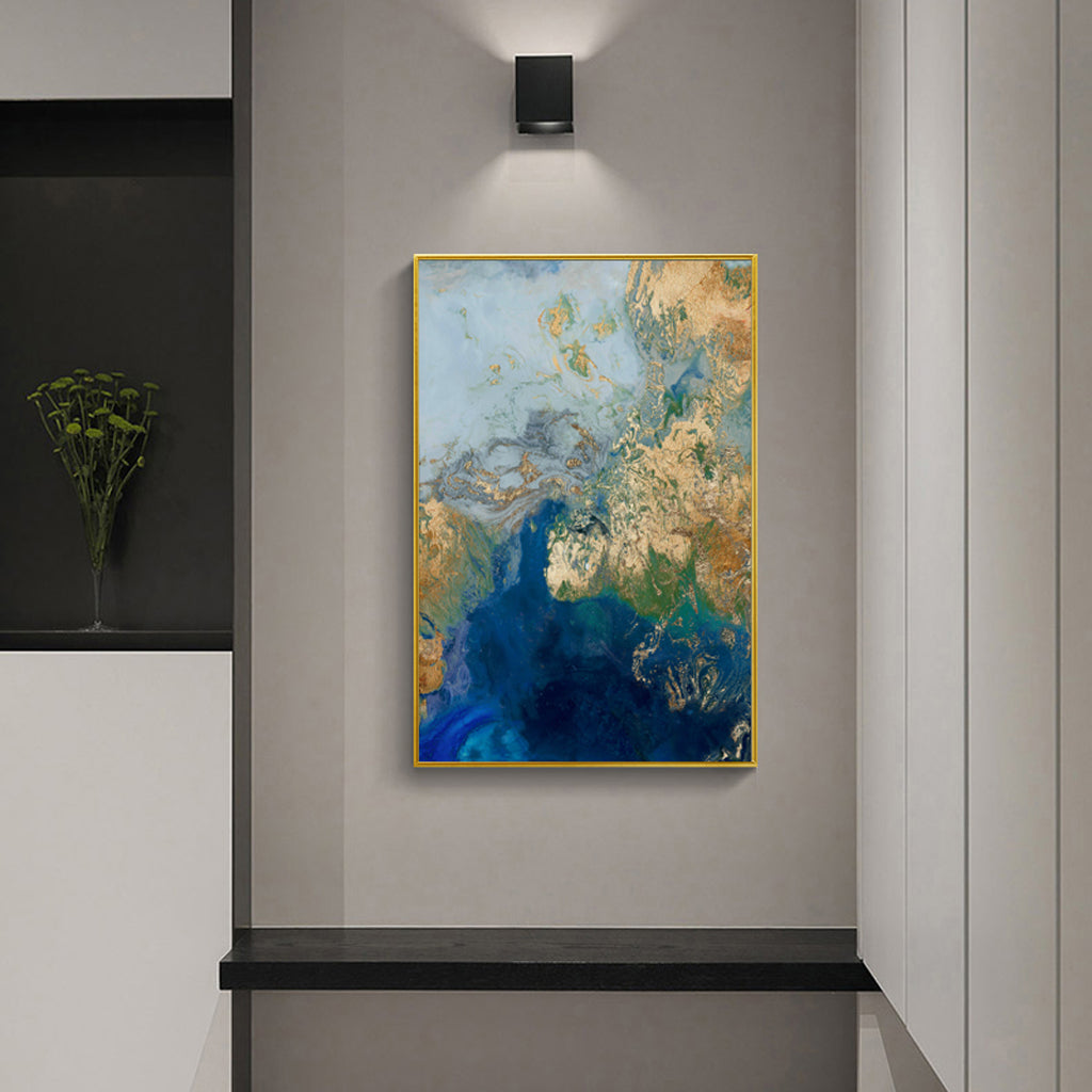 Wall Art 40cmx60cm - Marbled Blue Gold Artwork with Gold Frame Canvas