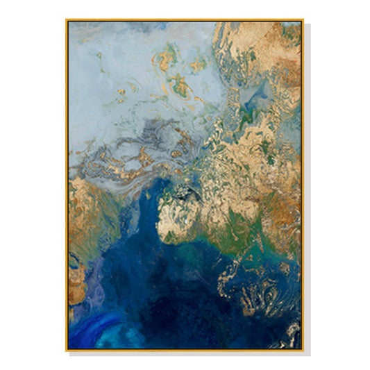 Wall Art 90cmx135cm - Marbled Blue Gold Artwork with Gold Frame Canvas