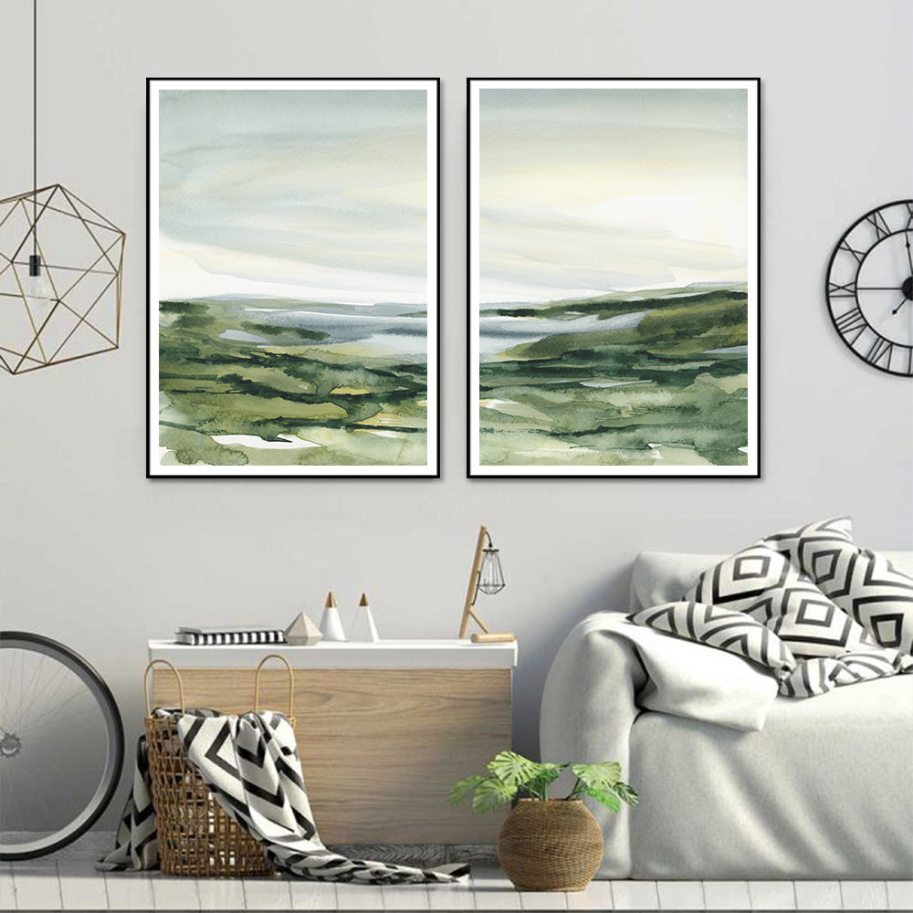 Wall Art 60cmx90cm Watercolor Landscape 2 Sets Black Frame Canvas