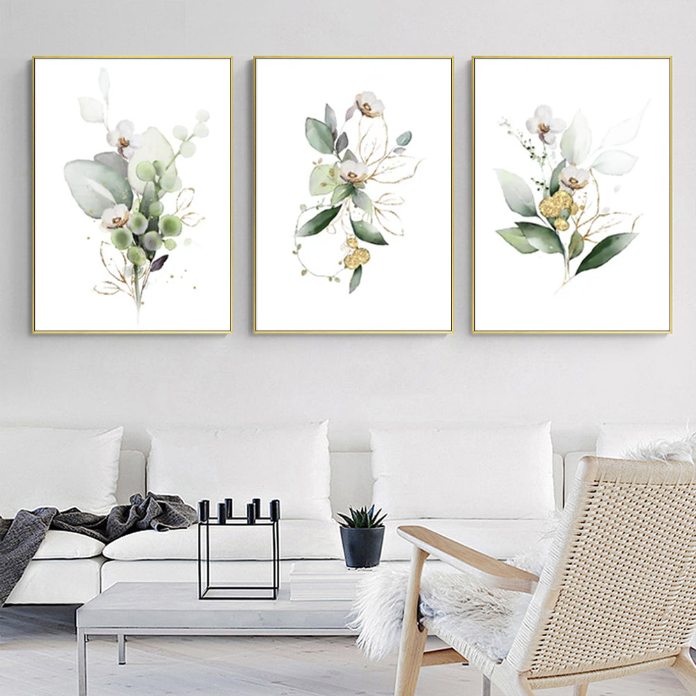 Wall Art 40cmx60cm Green Gold Watercolor Botanical 3 Sets Gold Frame Canvas