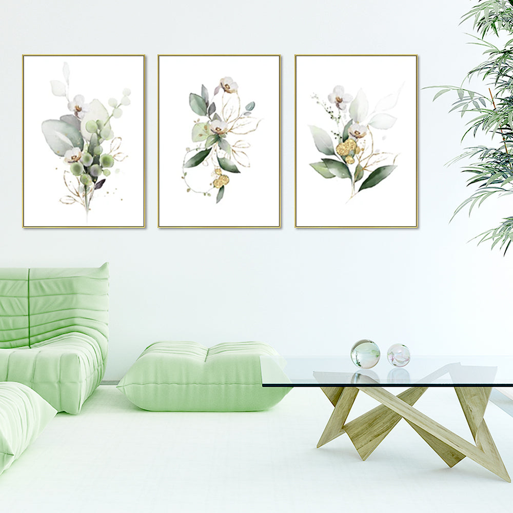 Wall Art 60cmx90cm Green Gold Watercolor Botanical 3 Sets Gold Frame Canvas
