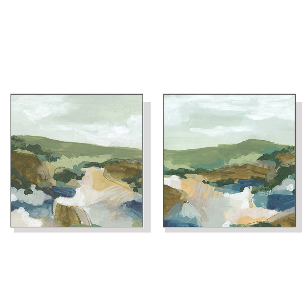 Wall Art Abstract Landscape 70cmx70cm 2 Sets White Frame Canvas