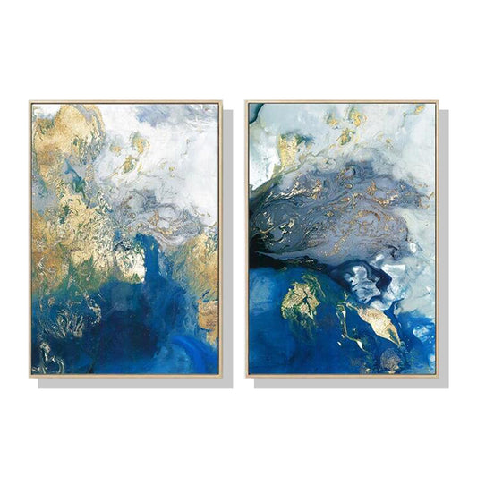 Wall Art Marbled Blue and Gold 60cmx90cm 2 Sets Gold Frame Canvas