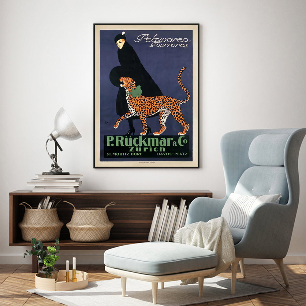 Wall Art 40cmx60cm - Woman Walking Leopard Vintage with Black Frame Canvas