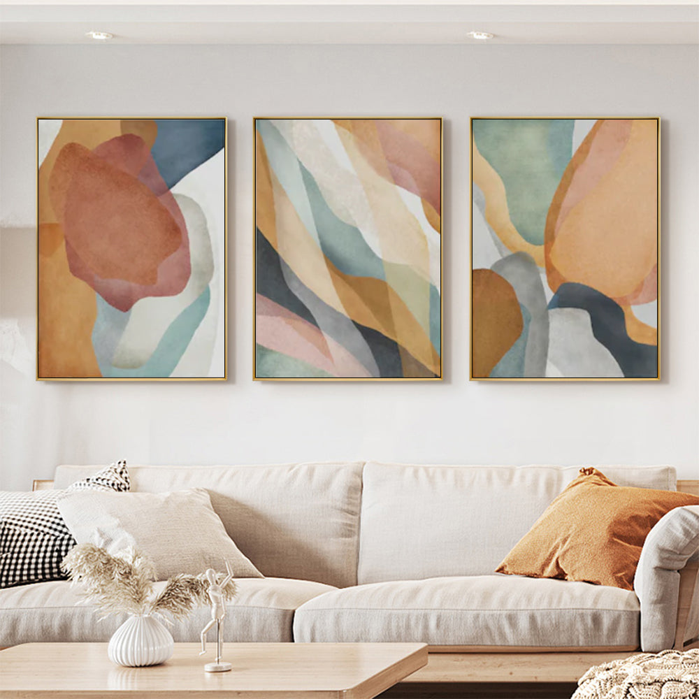 Wall Art Abstract Orange 3 Sets Canvas Gold Frame 50cmx70cm