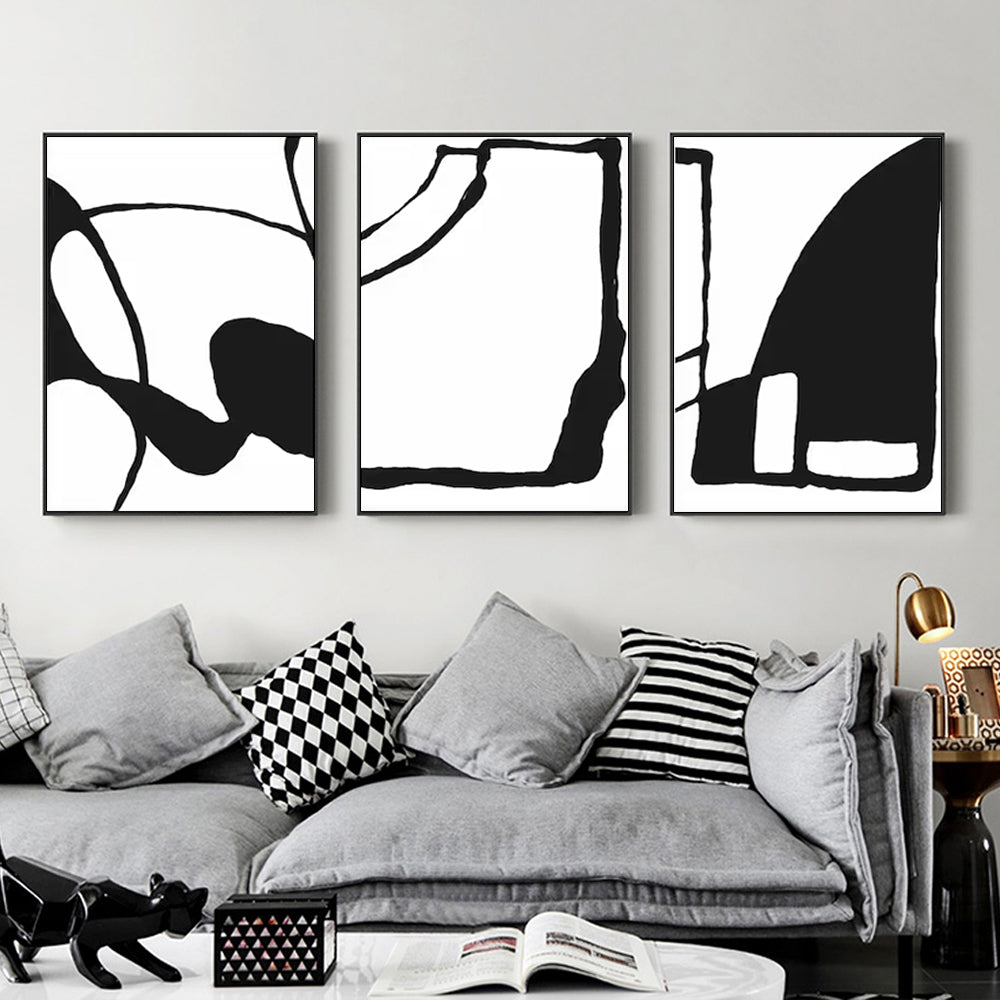 Wall Art 80cmx120cm - Black and White 3 Sets with Black Frame Canvas