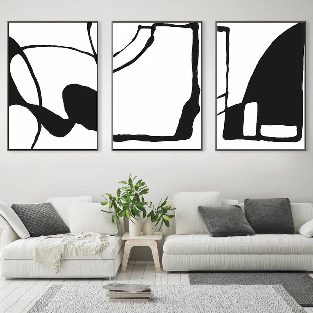 Wall Art Canvas Set of 3 Black and White 60cmx90cm with Black Frame