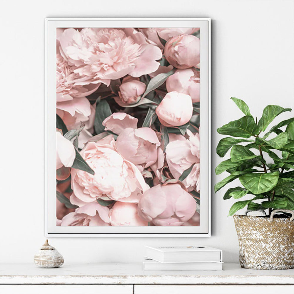 Wall Art Peony Floral 60x90cm White Frame Canvas