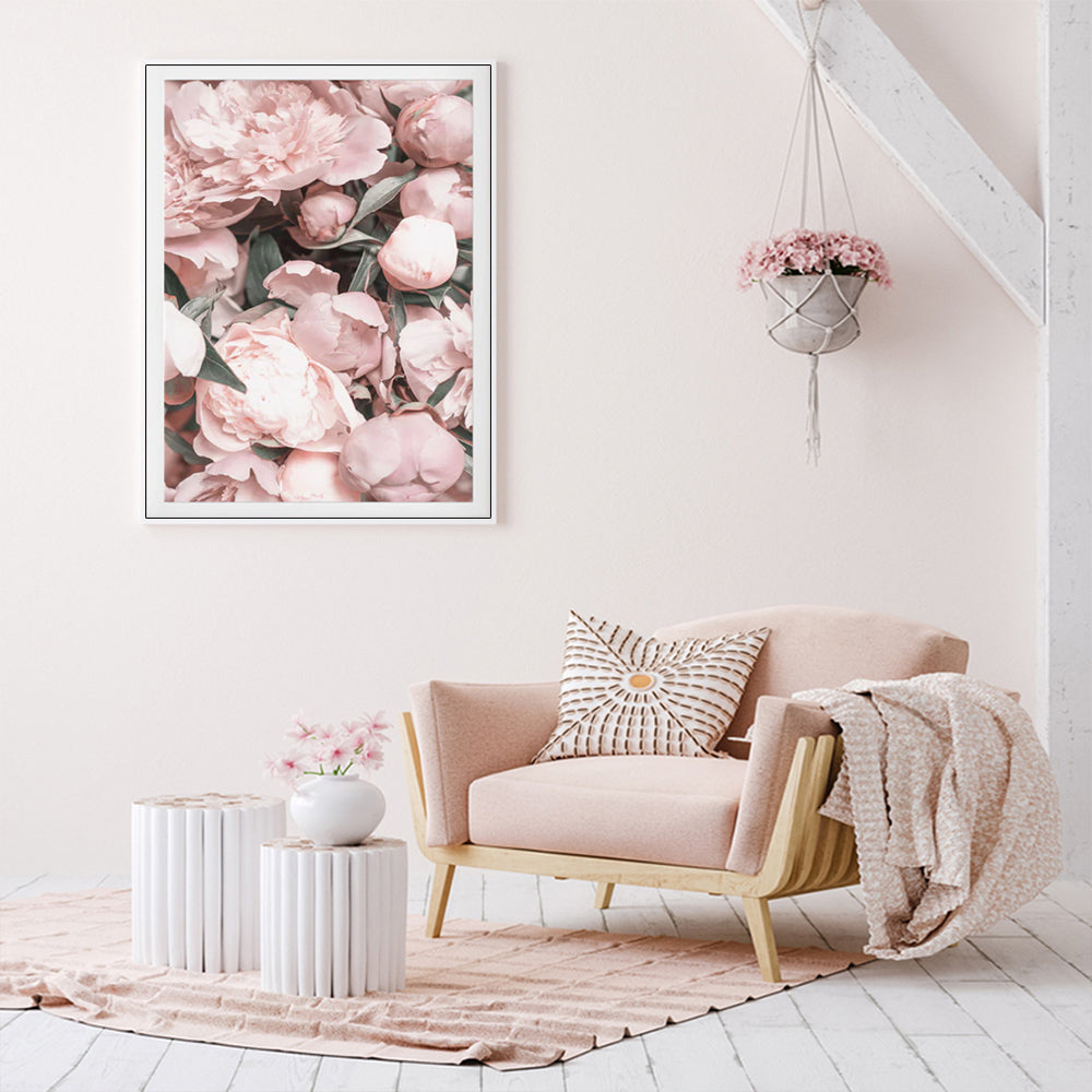 Wall Art Peony Floral 80x120cm White Frame Canvas