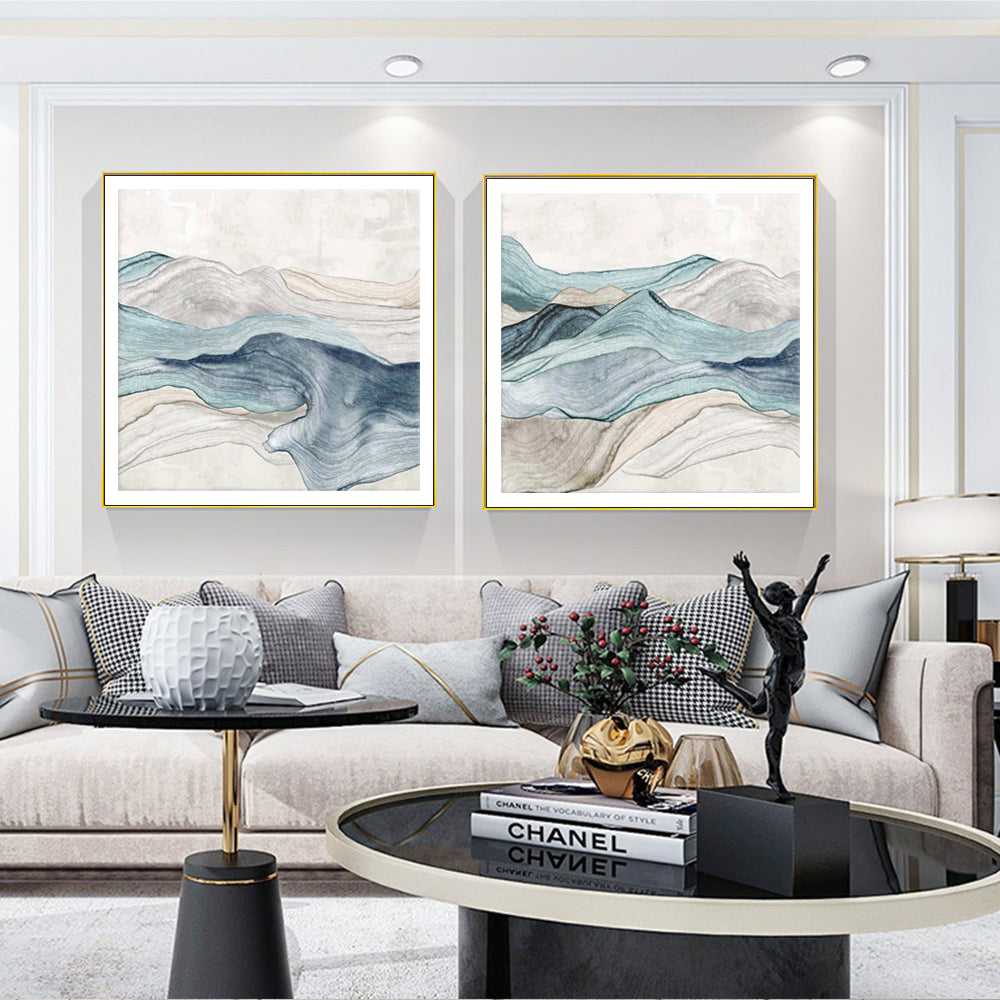 Wall Art 50cmx50cm Blue Mountain 2 Sets Gold Frame Canvas