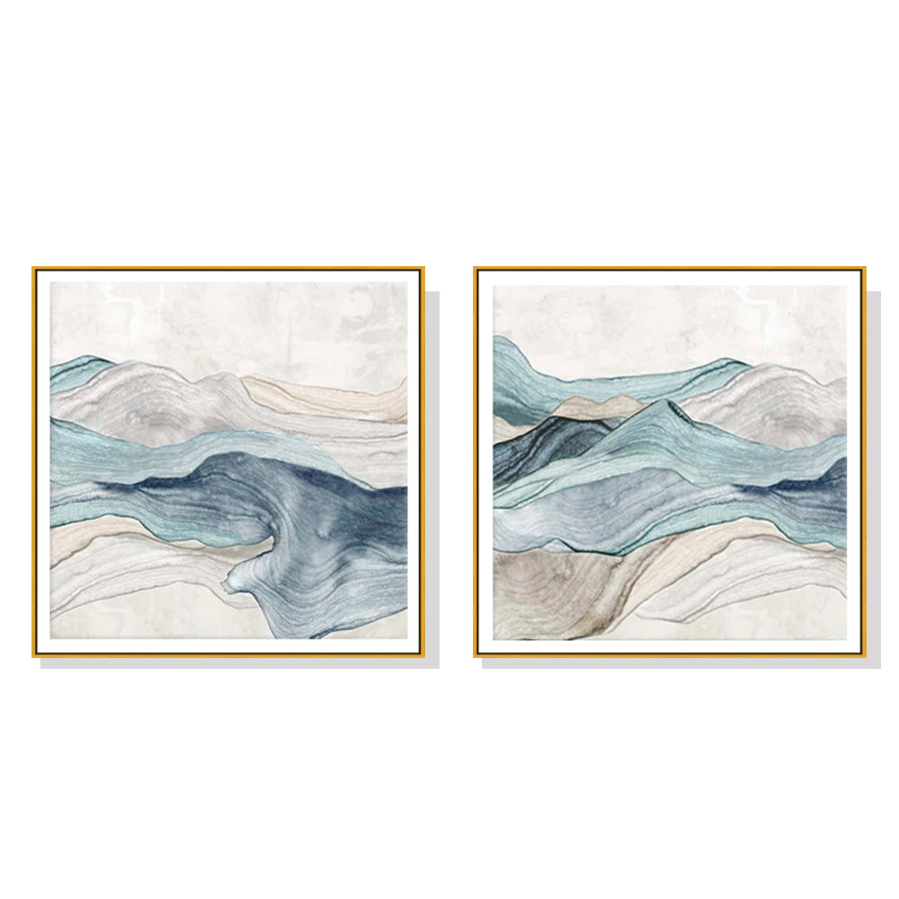 Wall Art 70cmx70cm Blue Mountain 2 Sets Gold Frame Canvas