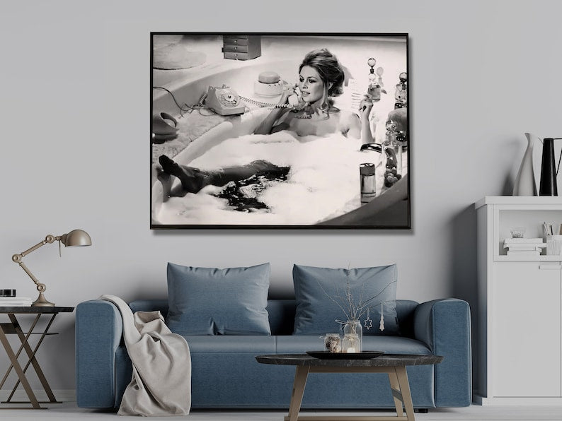 Wall Art Brigitte Bardot in the Bath Poster 100x150CM Black Frame Canvas