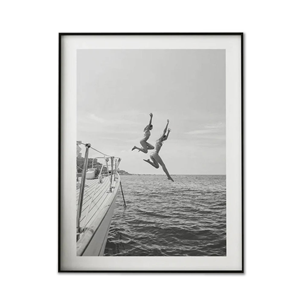 Wall Art 60cmx90cm Black and White Ocean Jump, Black Frame Canvas