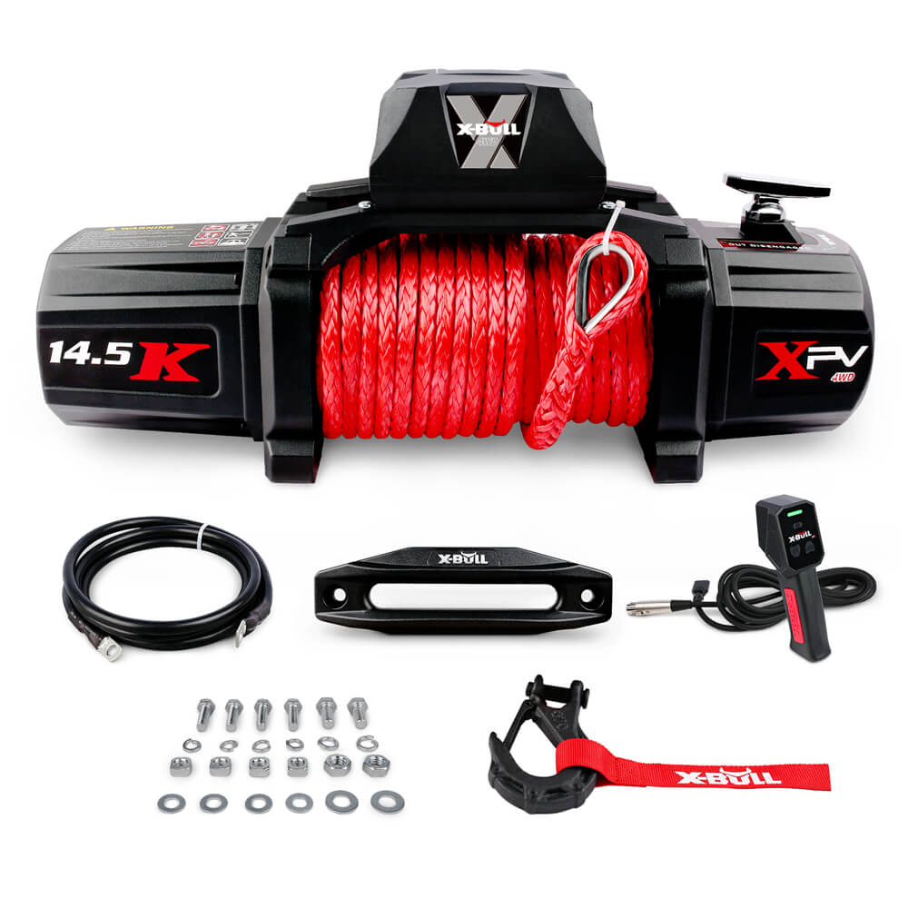 12V Winch 14500LBS synthetic rope with 4PCS Recovery Tracks Gen3.0 Black